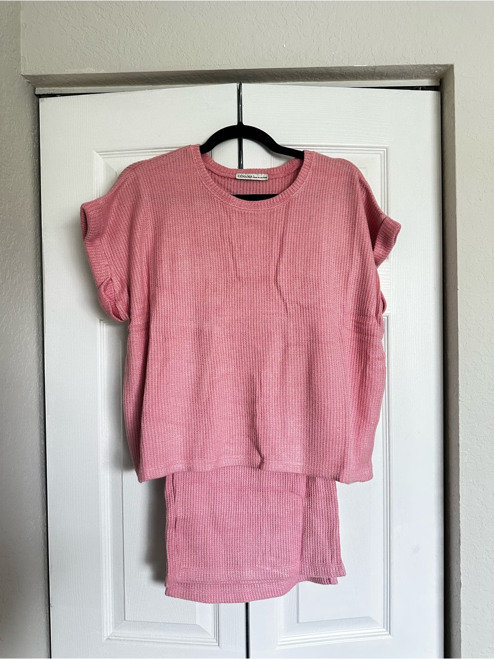 Zenana Outfitters Pink Waffle-Knit Short Sleeve Pant Set